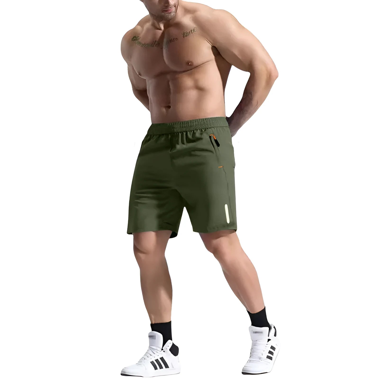 Men's grey elastic waist sports shorts made from polyester and bamboo fibre fabric on a man running outdoors.