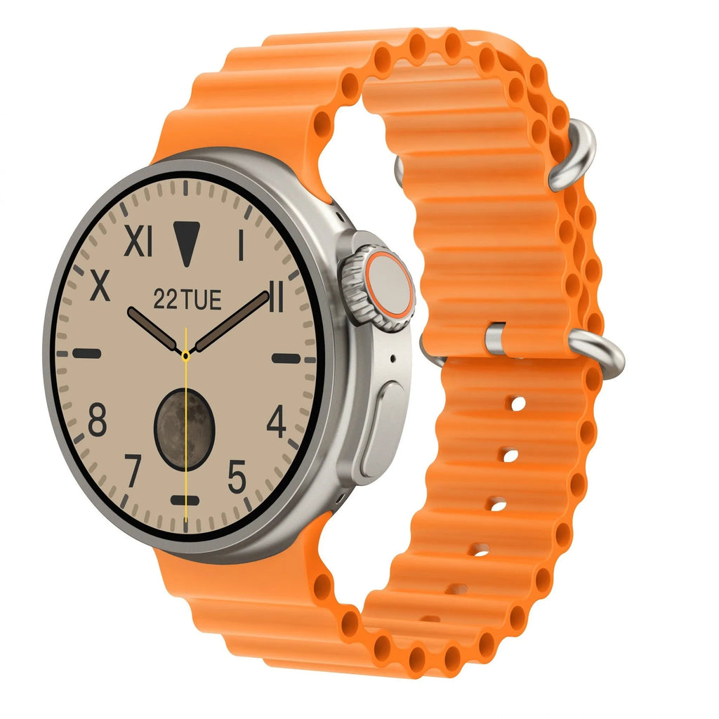 K9 smart watch with 1.39 inch round screen and silicone strap showing interface with health metrics