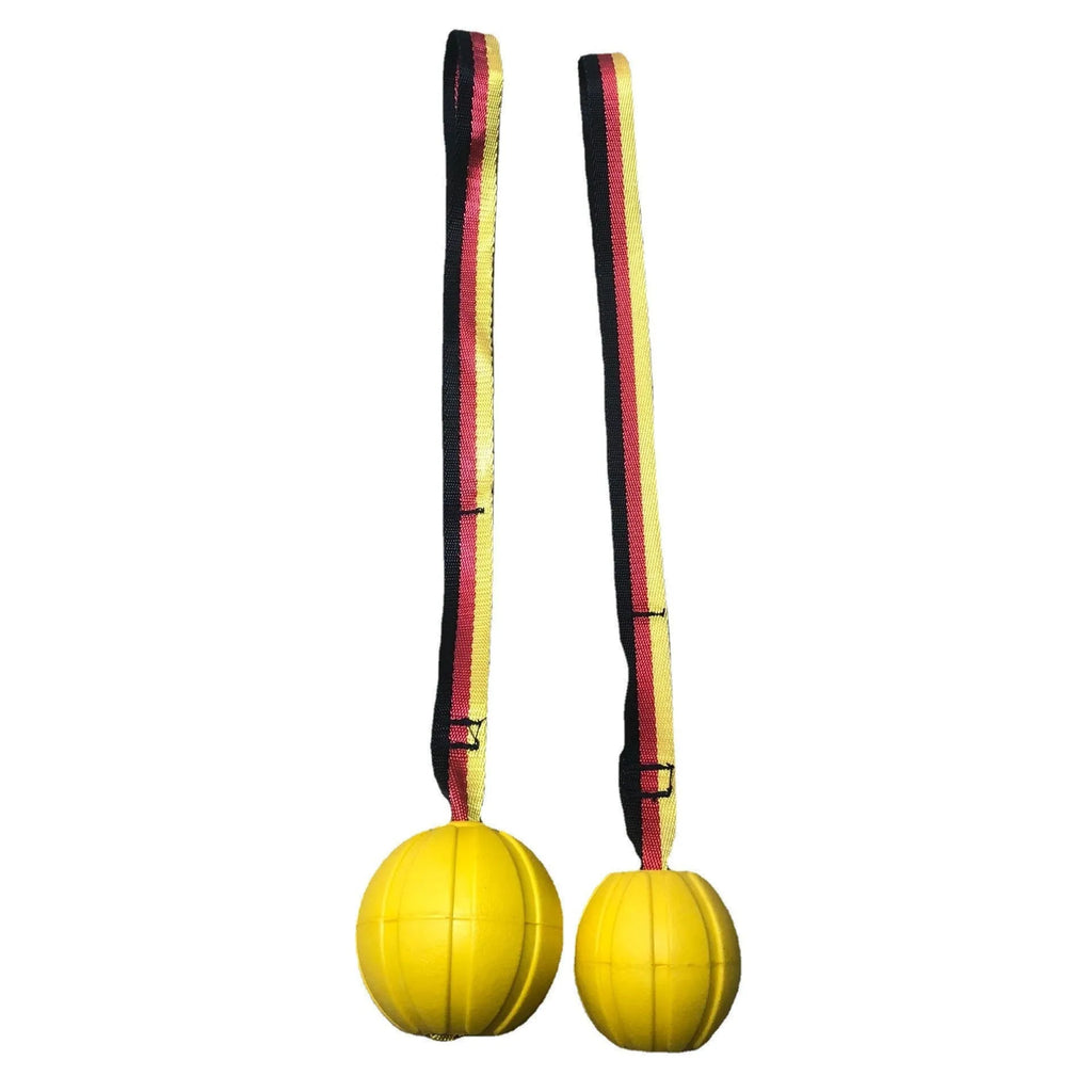Floating water bite-resistant pet training ball in camouflage and yellow colours showing three size options