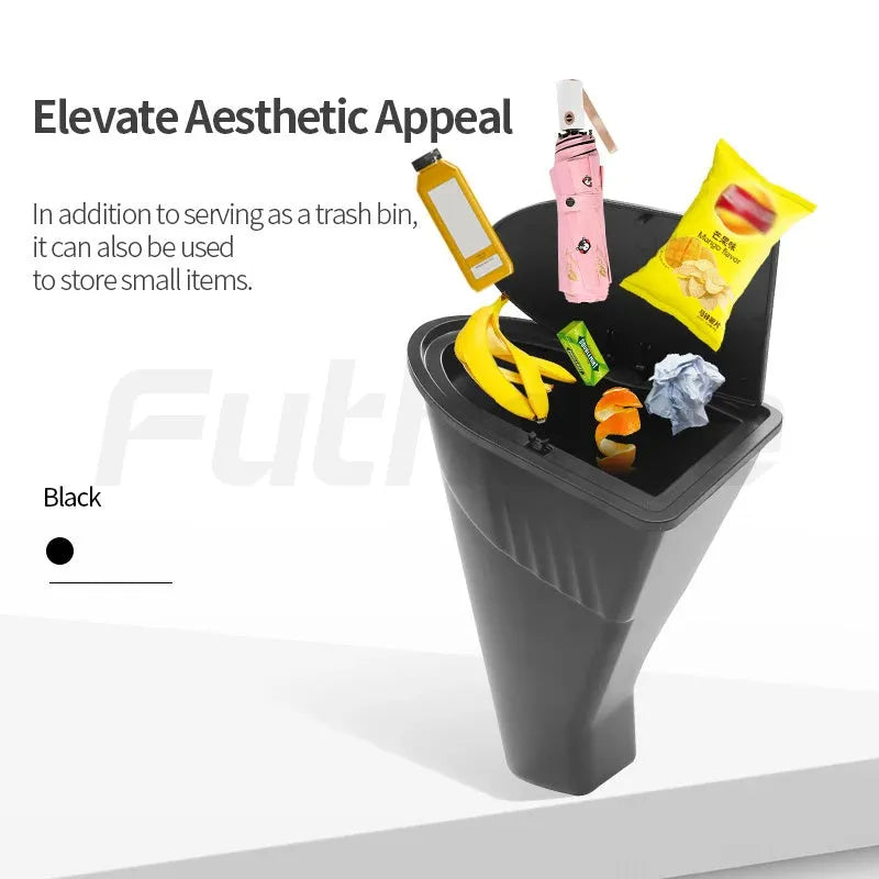 Two black ABS plastic trash cans for Tesla Model Y front door pockets.