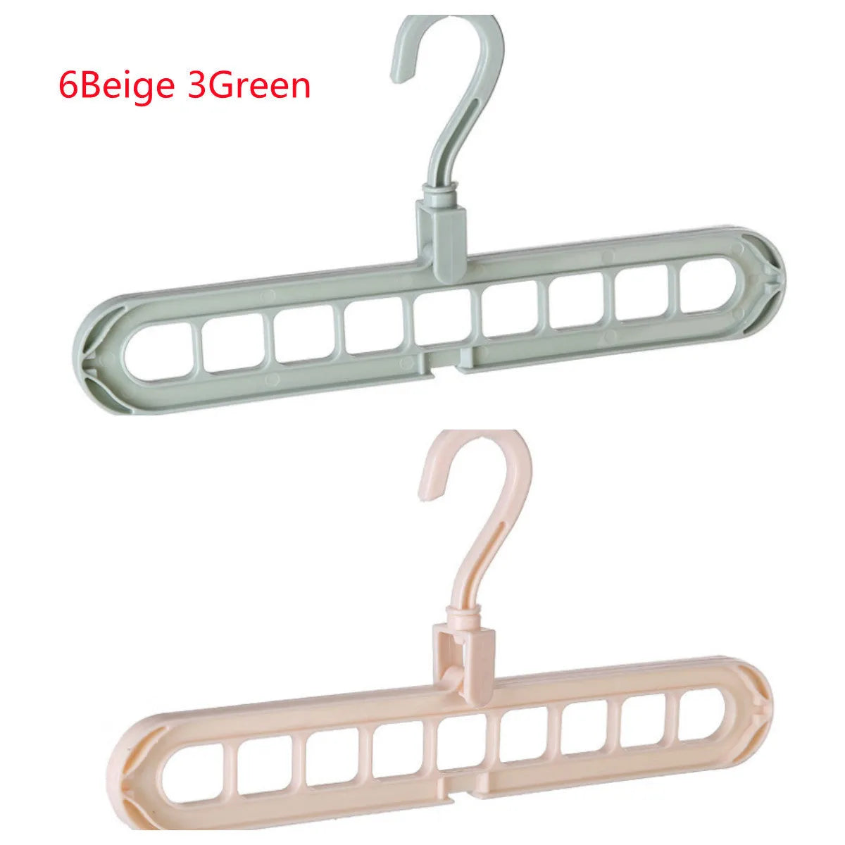 Pink or green heavy-duty plastic clothes hanger with rotating hook, shown holding a coat.