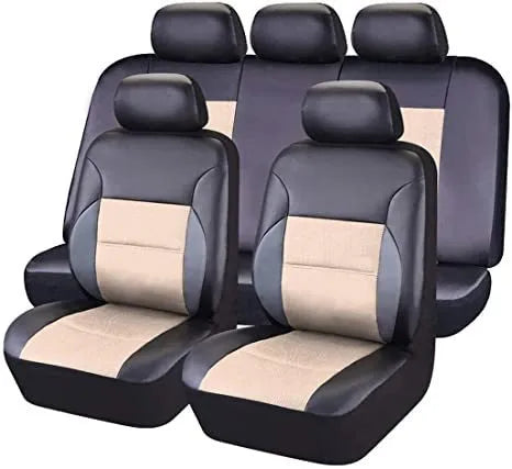 Artificial leather car seat cover set in a choice of colours showing front seat and headrest covers with installation hooks.