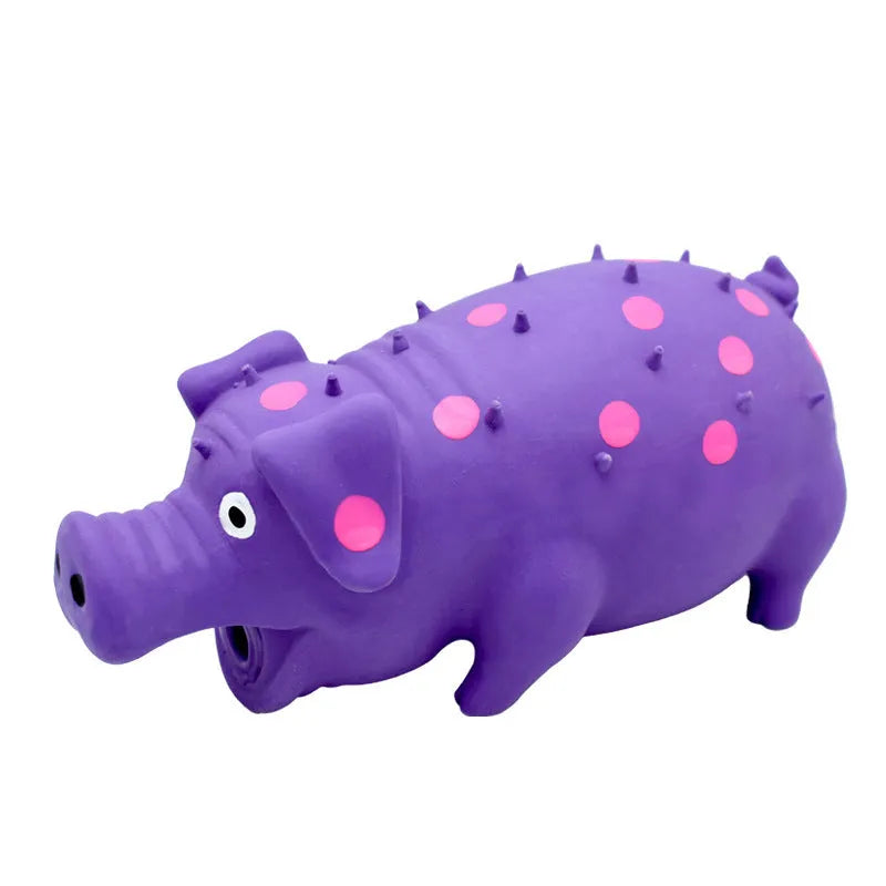 Latex pig-shaped dog chew toy with textured surface and squeaker in multiple colour options