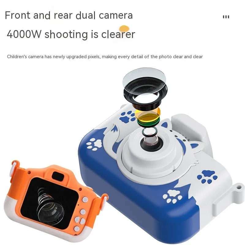 HD cartoon children's digital camera in blue colour with compact ABS plastic body and included lanyard