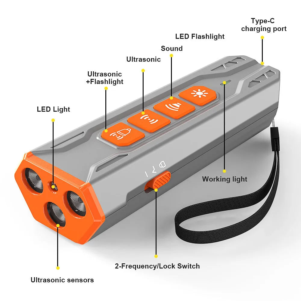 Three-head ultrasonic dog trainer with creative home lighting design in black and orange colour.