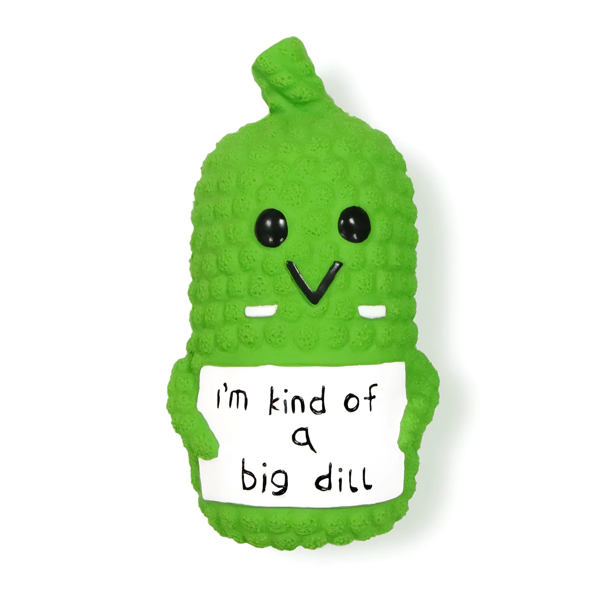 Green latex pickle-shaped dog chew toy with surface nubs and a squeaker inside.
