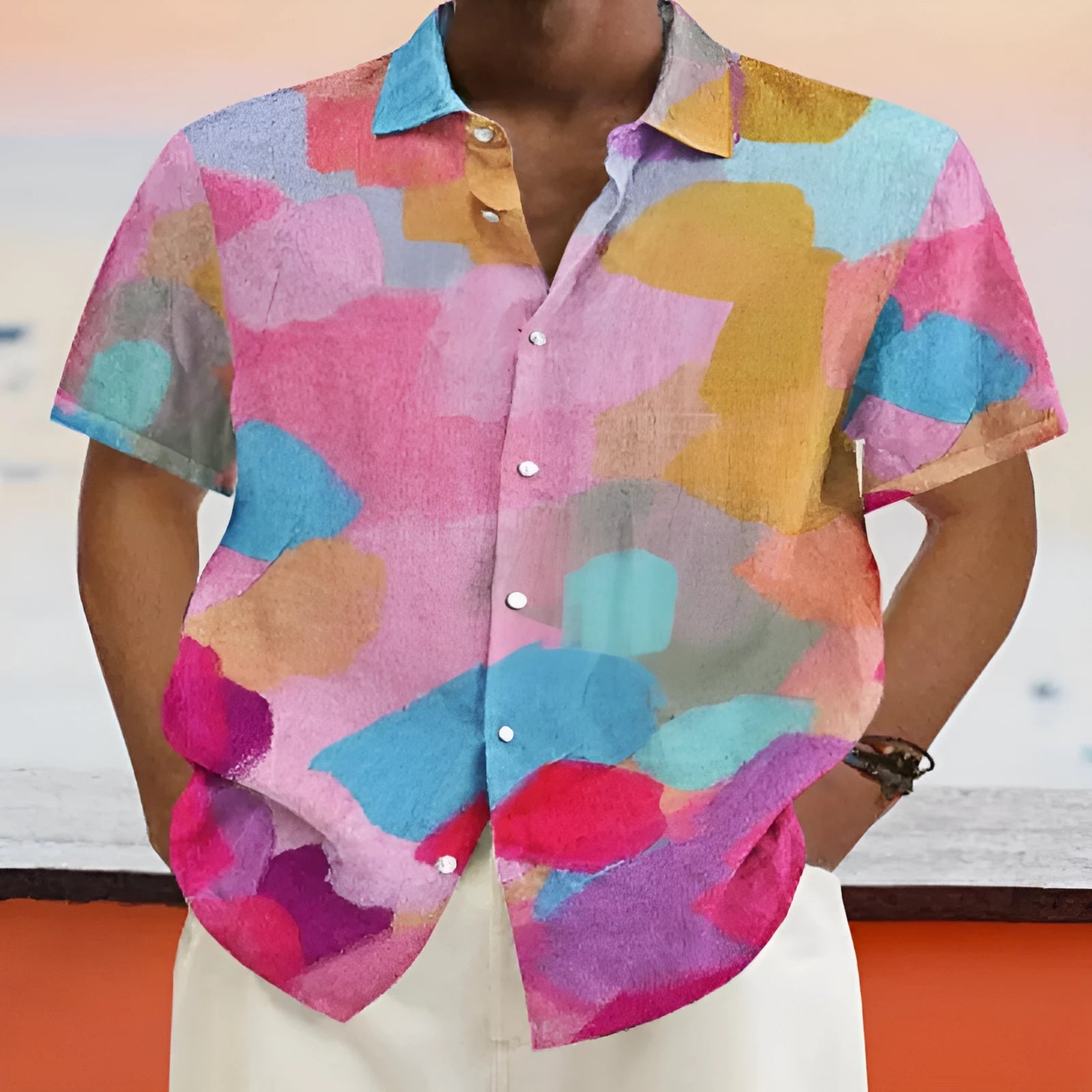 Hawaiian style short sleeve cardigan with stand collar and colourful 3D printing design