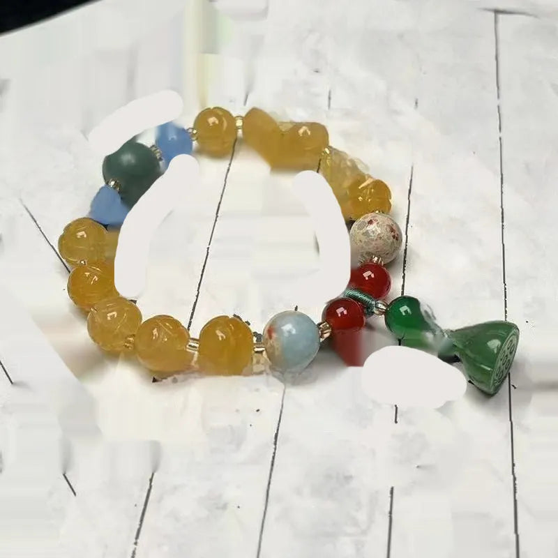 Carved bodhi root pumpkin lotus bracelet with white jade beads and mixed sizing
