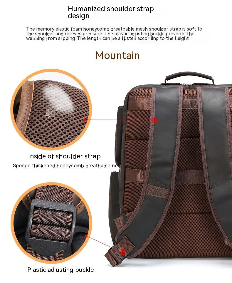 Dark brown genuine leather men's backpack showing 17-inch computer compartment and multiple interior pockets