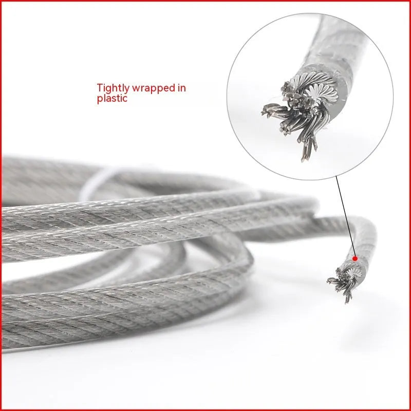 304 stainless steel multi-strand security wire rope on a white background, showing its thin, coated profile.