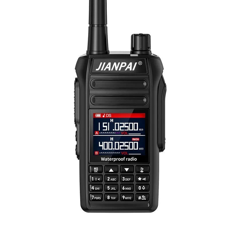 Black Interphone waterproof aviation full band two-way radio with dustproof plastic shell, antenna, battery, charger, and headset.