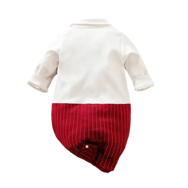 Wine red cotton baby boy romper with long sleeves and single-breasted closure