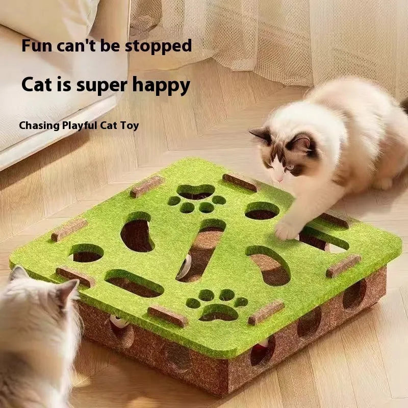 Green brown felt cat toy box with artifact hole, dimensions 30cm by 30cm.