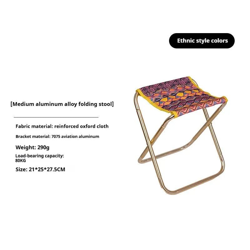 Black aluminium alloy folding camp stool with ethnic pattern, shown in folded and open positions.