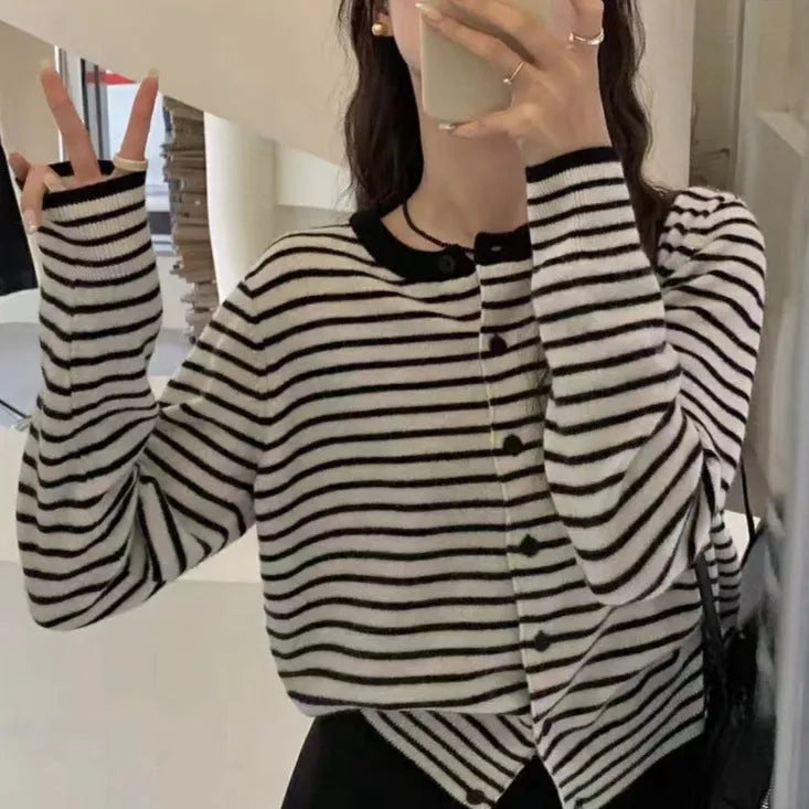 Women's dark grey and white striped cardigan with French styling, 40cm length slim fit design