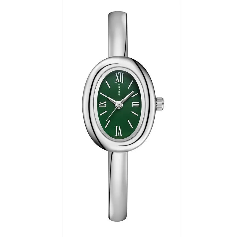 Women's oval retro quartz watch with 8mm thickness showing gold and spiral pattern colour options