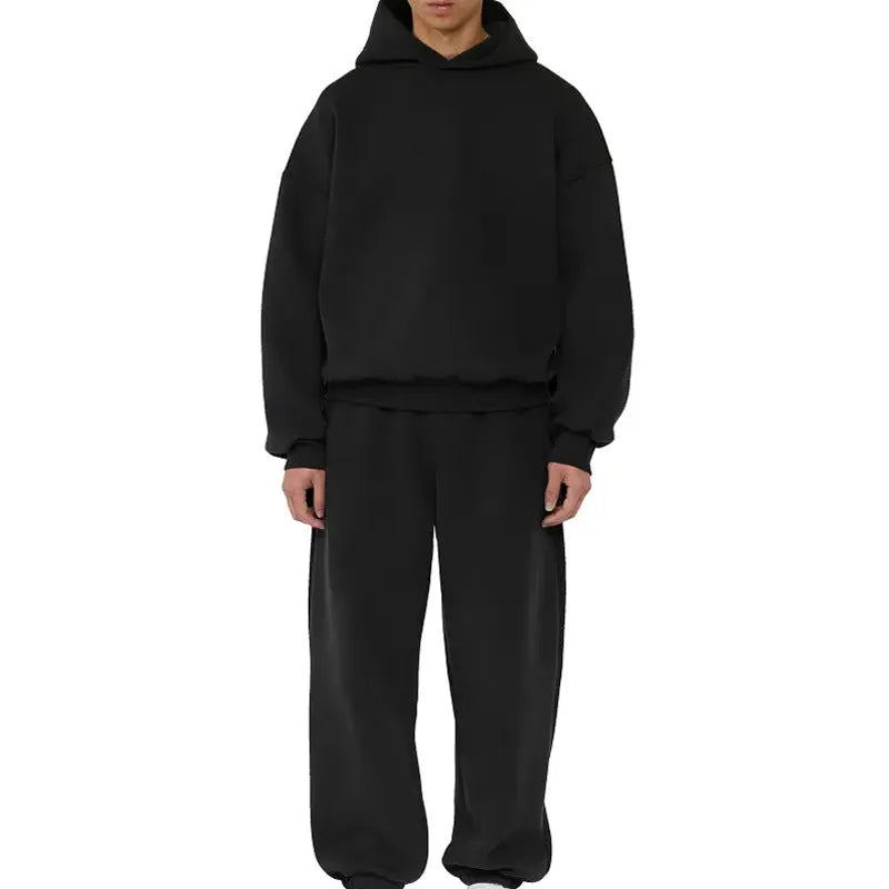 Men's grey fleece-lined cotton hoodie pullover with ribbed sleeves