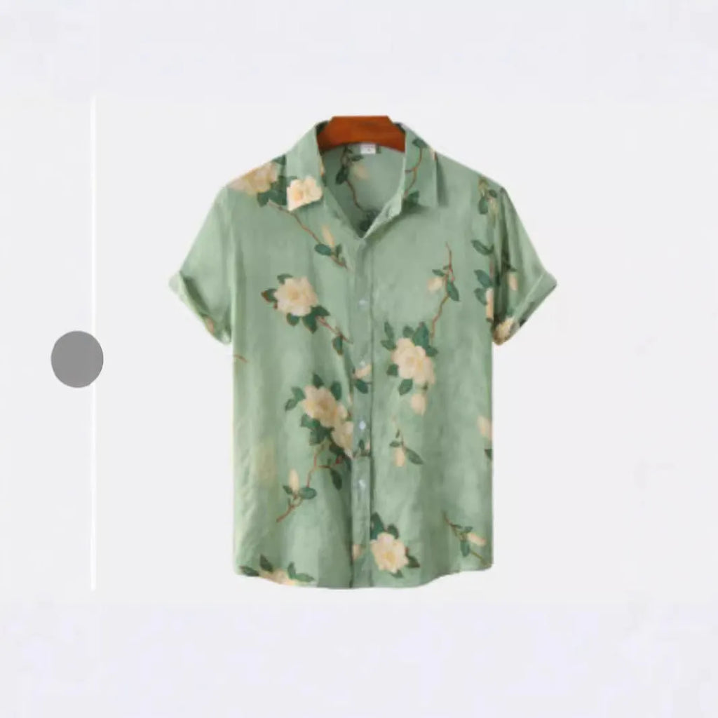 Floral Hawaiian print short sleeve shirt with lapel collar on a hanger