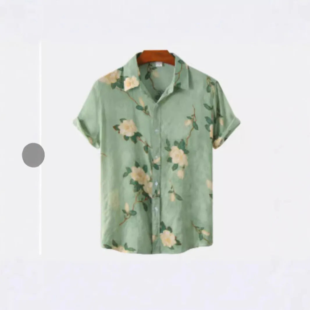 Floral Hawaiian print short sleeve shirt with lapel collar on a hanger