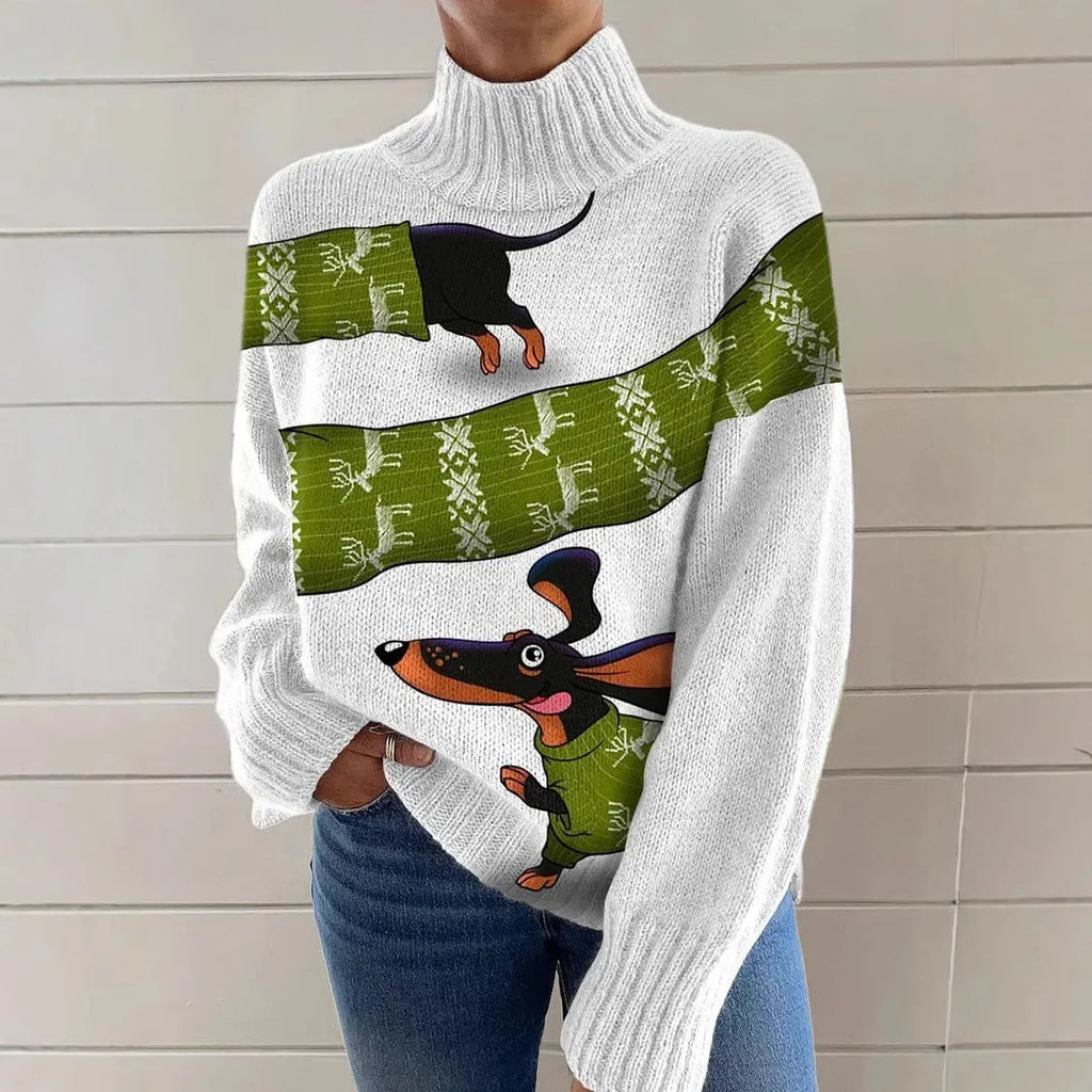 Women's Christmas printed turtleneck sweater in polyester with loose fit and long sleeves