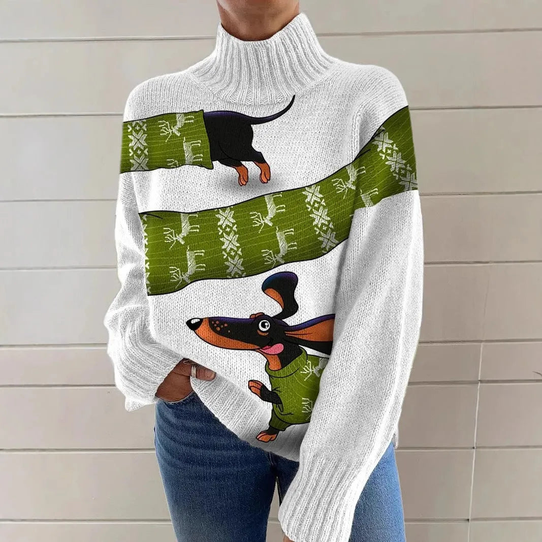 Women's Christmas printed turtleneck sweater in polyester with loose fit and long sleeves