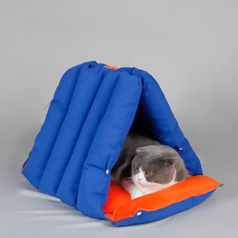 Triangular blue cat nest with drilled holes for combination, removable cotton cover