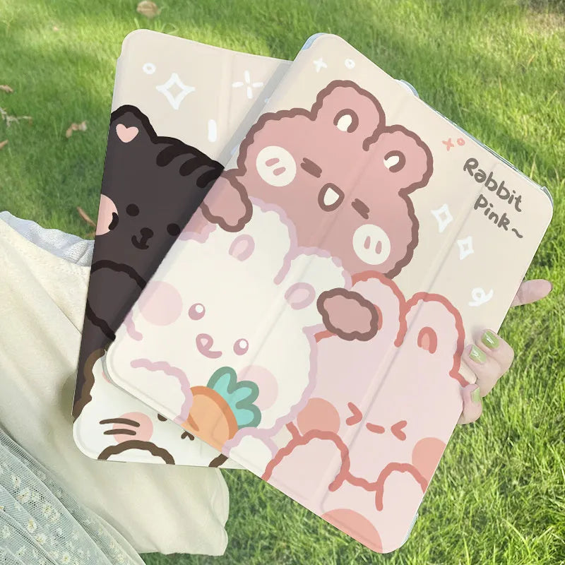 Cartoon rabbit design silicone tri-fold protective case for an iPad, showing its flat profile and stand function.