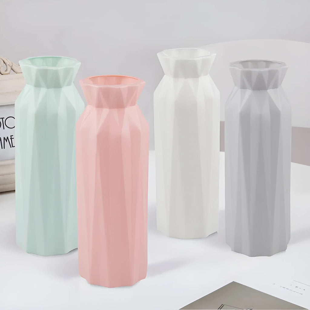 Drop-resistant melamine vase in grey, green, pink, or white for desktop or floor use.