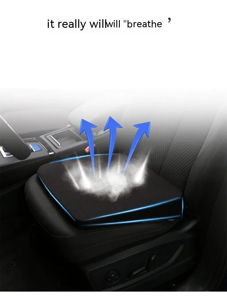 Black car seat cushion showing thickness and dimensions for height adjustment