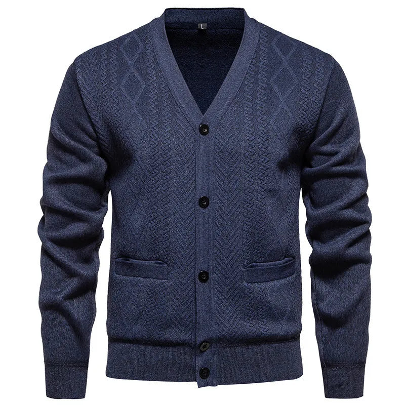 Men's brown striped cardigan sweater with long sleeves and a wool lining.