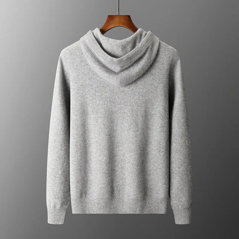 Men's light grey hooded cashmere sweatshirt and matching long pants laid flat as a complete casual winter set.