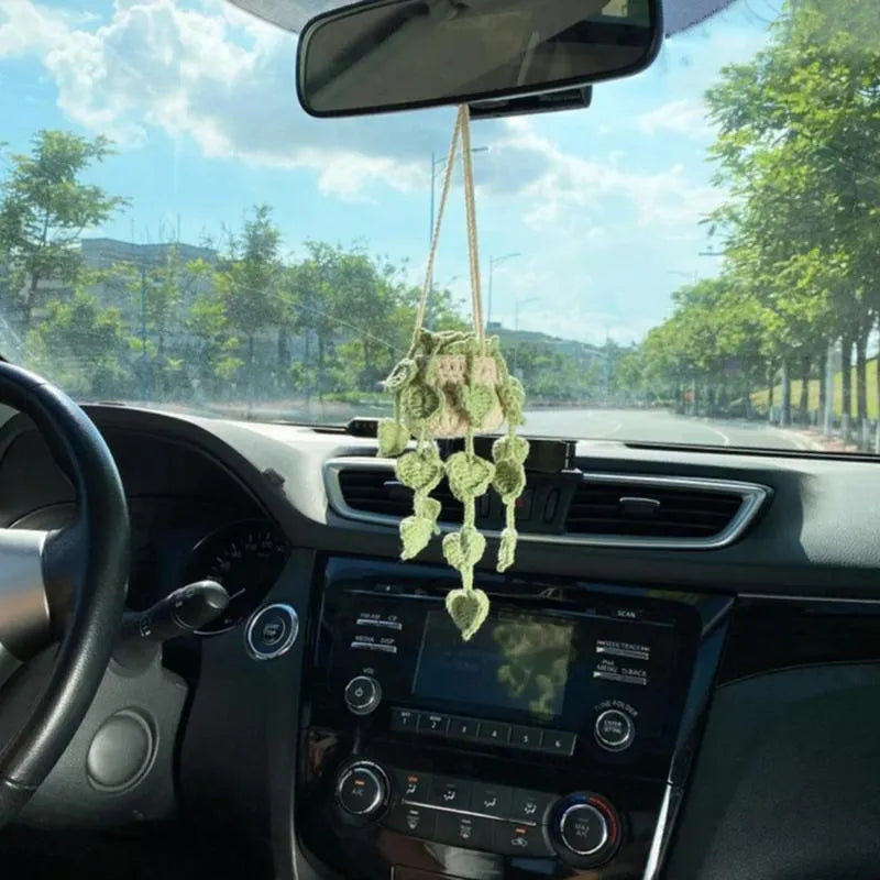 Green and white knitted car plant decoration with hanging cord for vehicle interior