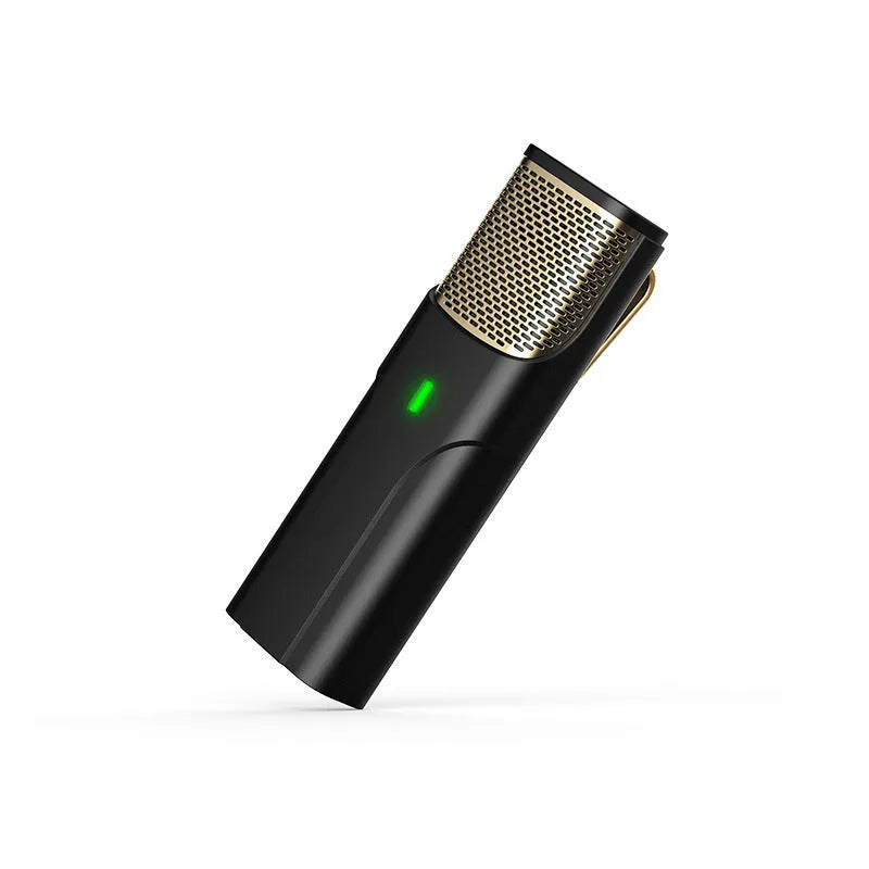 Black wireless lavalier microphone and receiver for mobile phones and cameras with Type-C cable.
