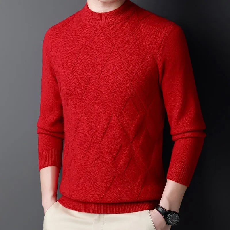 Men's diamond jacquard winter thermal sweater in wool blend fabric shown in light camel colour