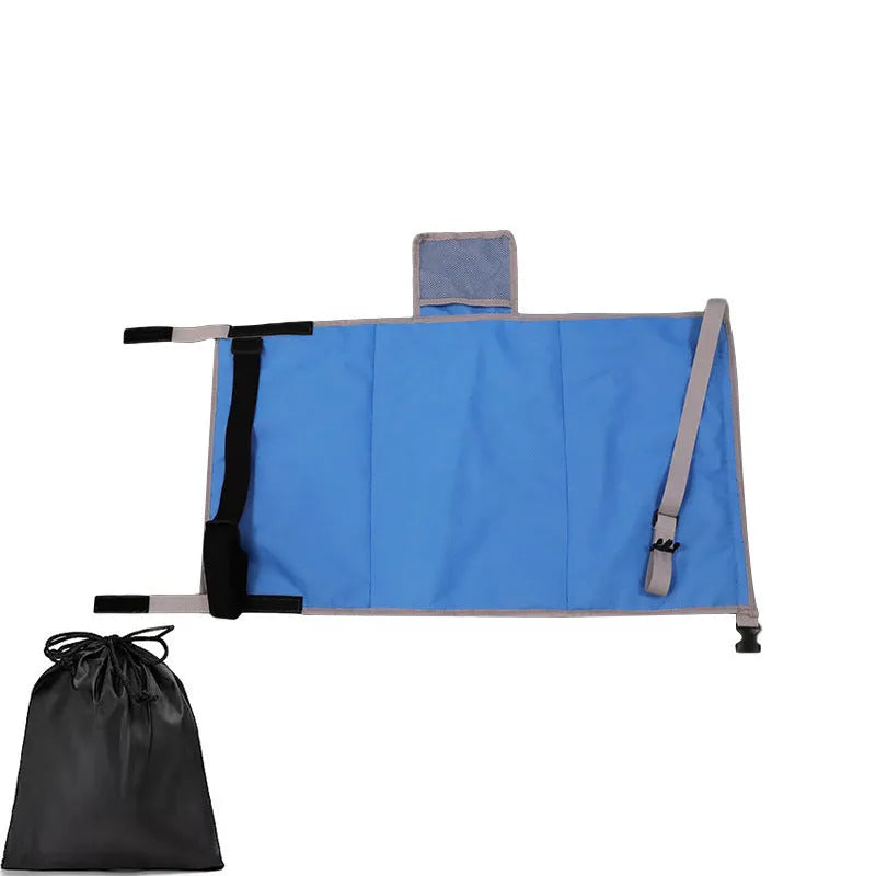 Portable children's aircraft pedal seat extender in blue with optional drawstring pocket