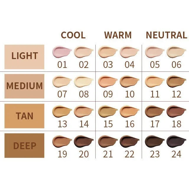 Liquid concealer pen in a twist-up format showing 24 different colour shade options.