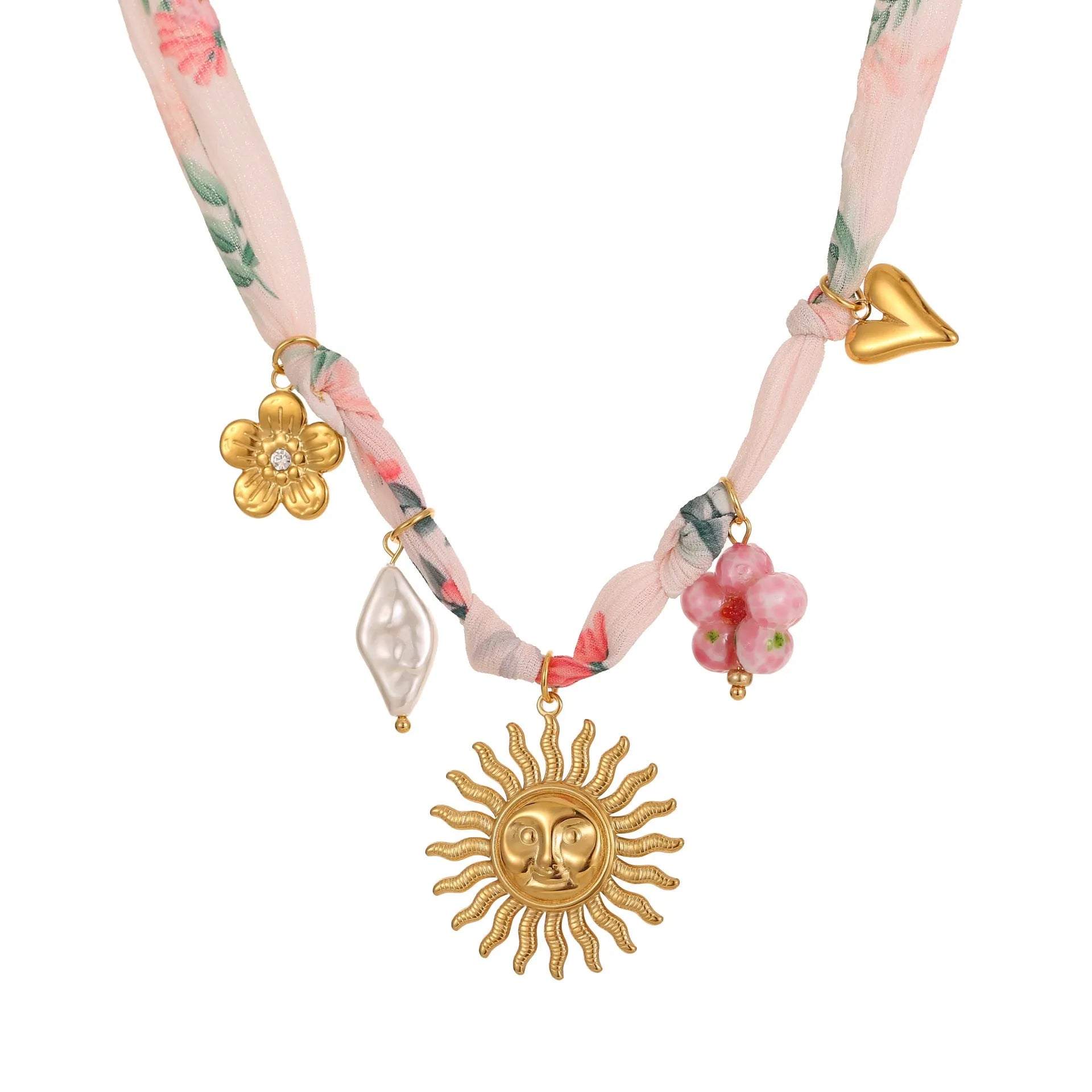 Stainless steel necklace with geometric sun pendant on an adjustable chain.
