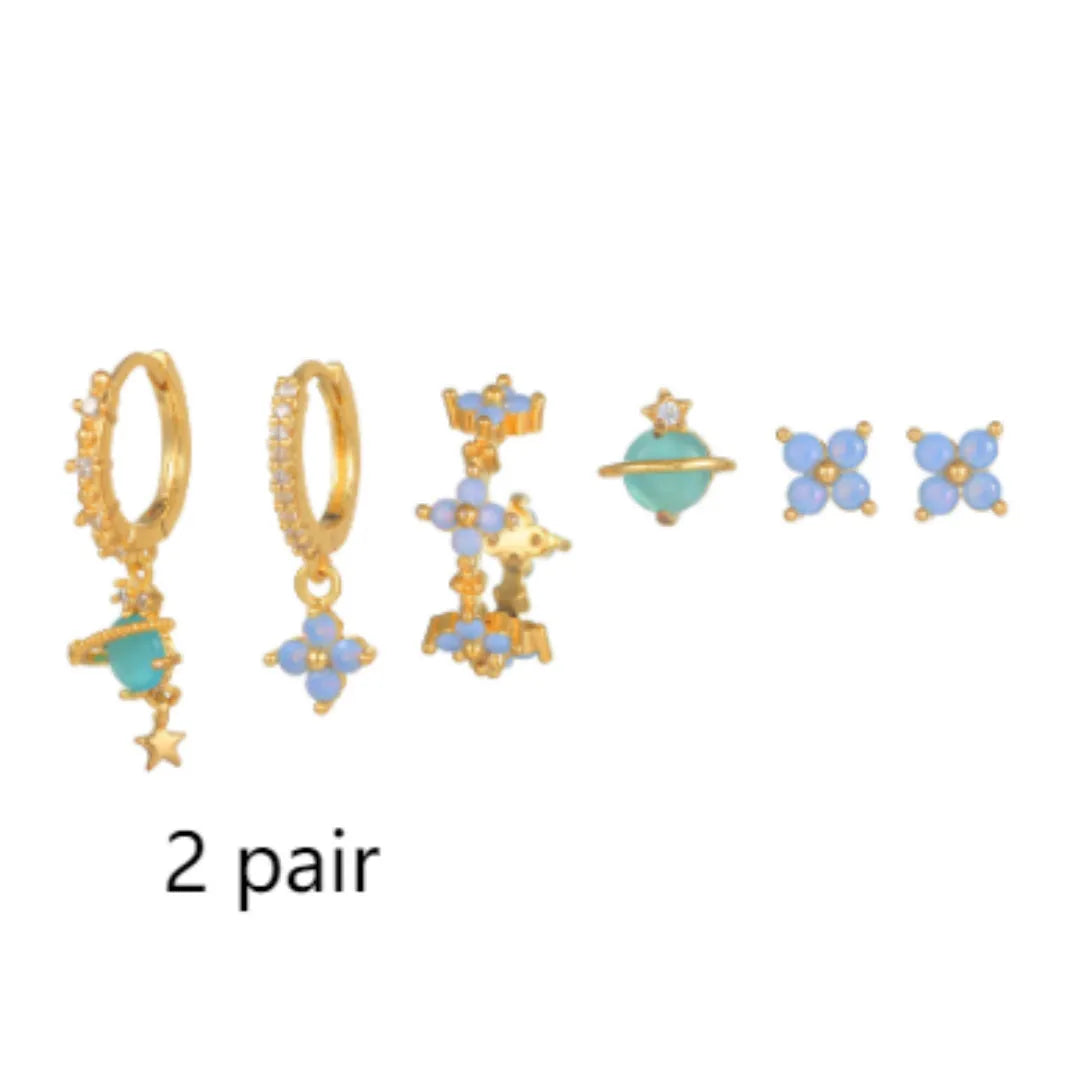 Japanese Korean style flower ear studs with zircon mosaic on copper in gold and silver colours