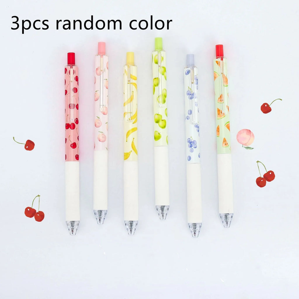 Three scented fruit flavoured press-action pens with 0.5mm black ink refills