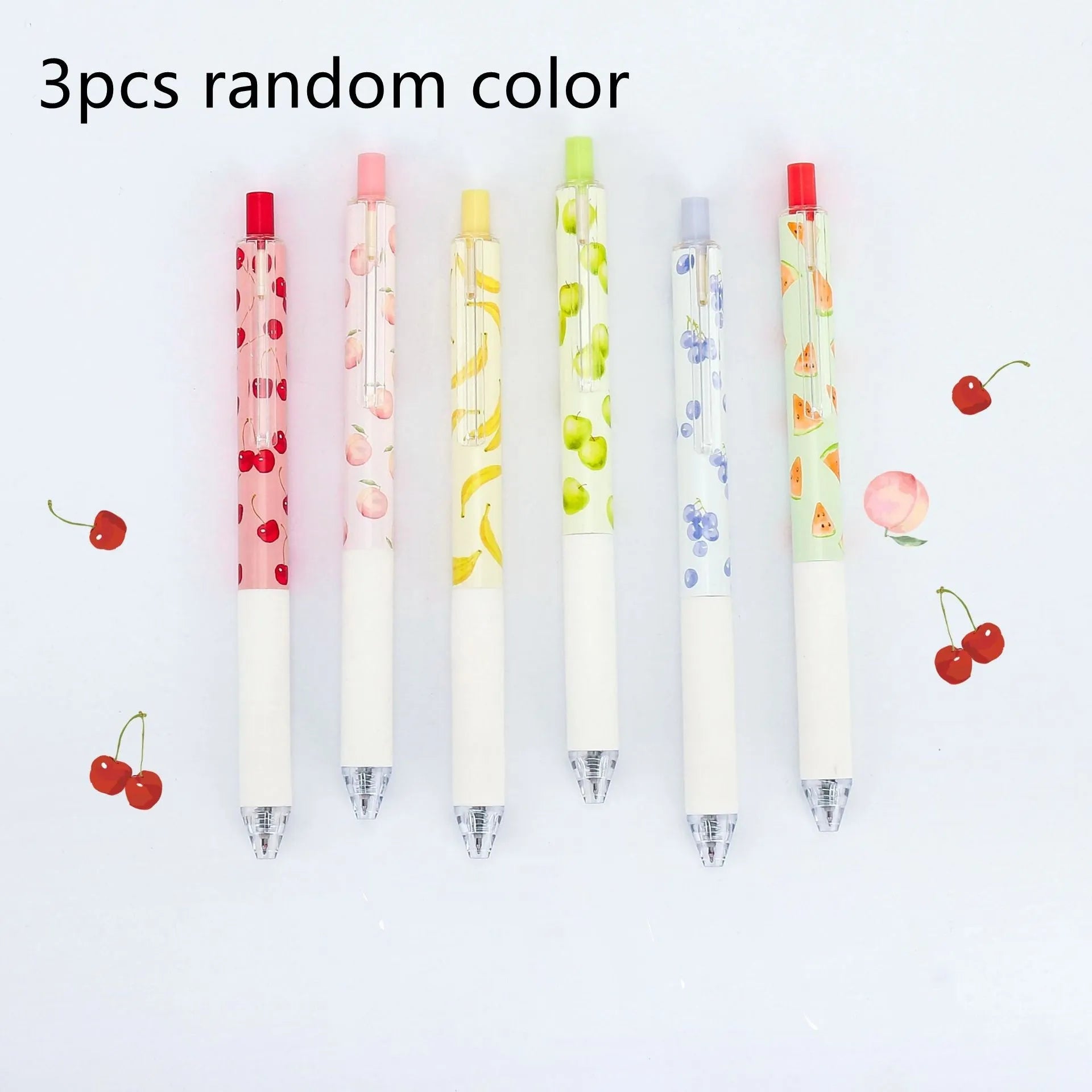 Three scented fruit flavoured press-action pens with 0.5mm black ink refills