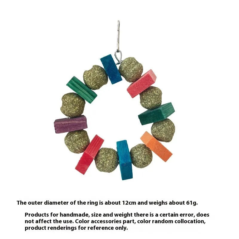 Decorative straw ball ring chew toy for small pets like hamsters, shown in sequin and applewood designs.