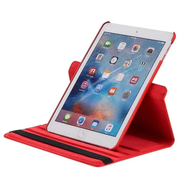 Imitation leather rotating clamshell protective sleeve for iPad, shown in rose red colour.