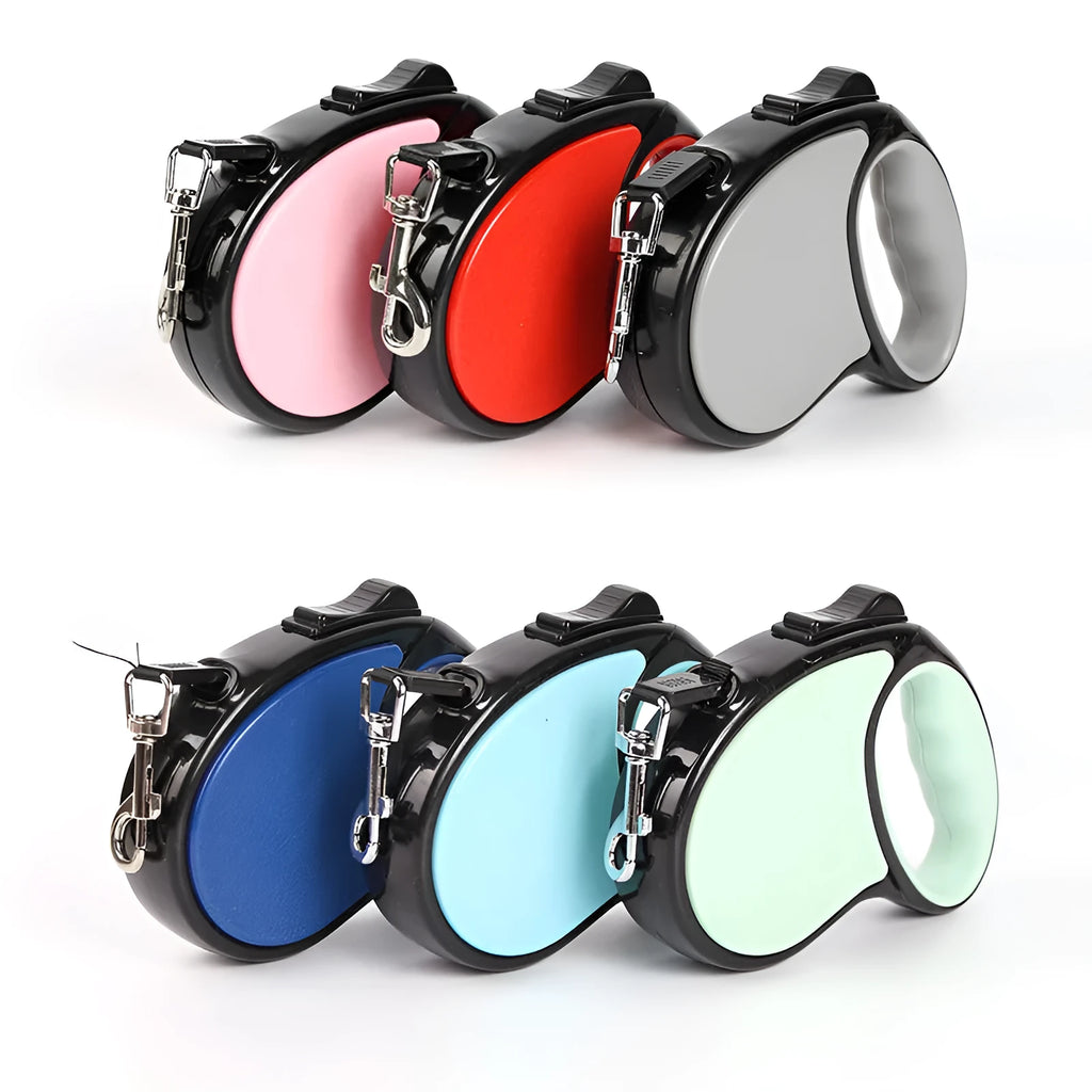Retractable dog lead in pink, light blue, green, red, dark blue or grey, 3m or 5m, ABS housing, supports 25kg