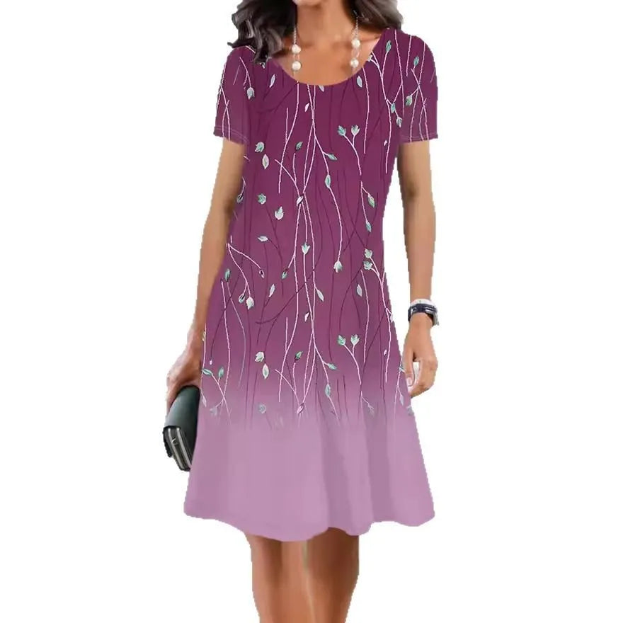 Lightweight ice silk A-line dress with a painted floral pattern, round neck, and short sleeves on a mannequin.