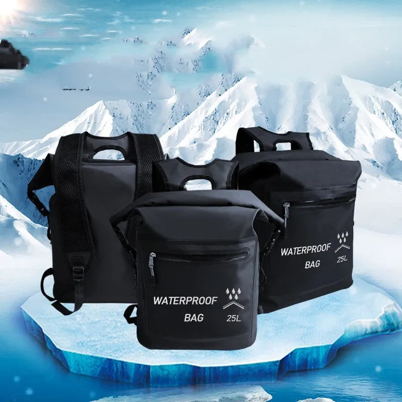 Black 25L outdoor waterproof backpack for swimming river tracing rafting