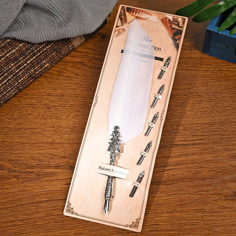 European retro feather dip pen with zinc alloy body in multiple colour options