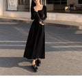 Women's square collar knitted dress with elastic waist and a-line long skirt
