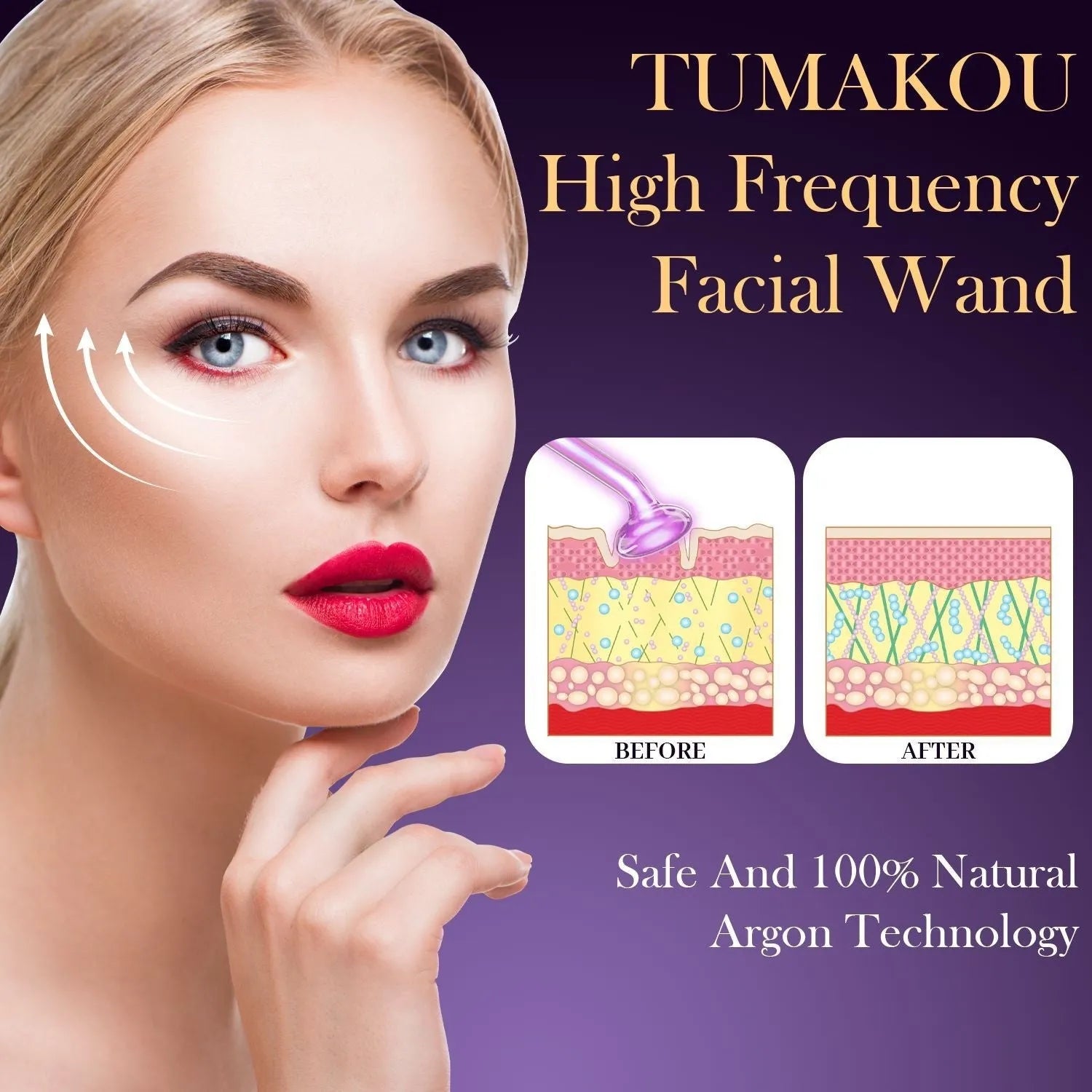Purple household high wave electrotherapy rod beauty appliance with six accessory heads for wrinkle removal