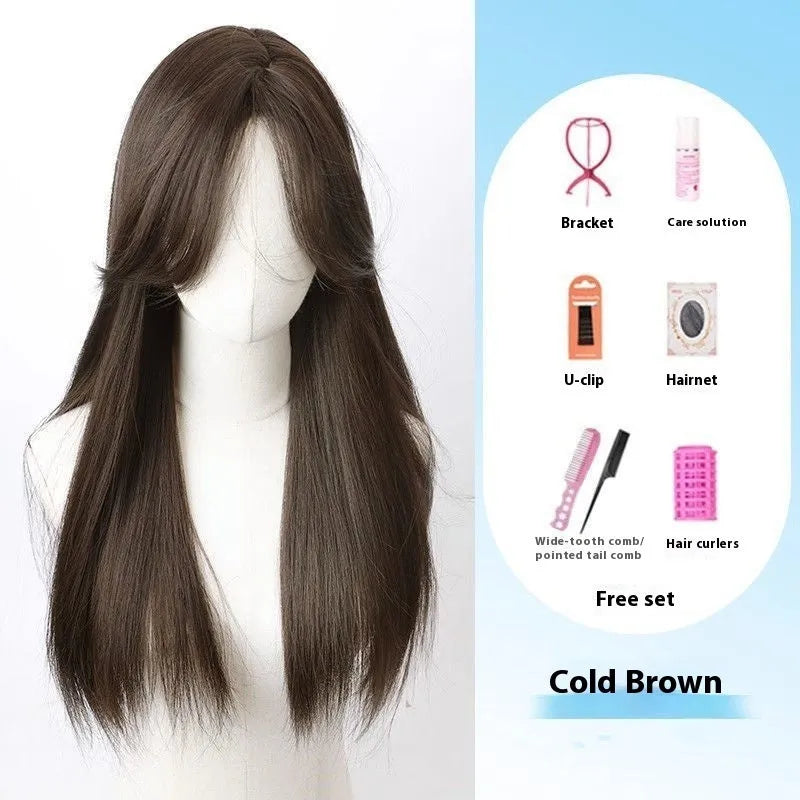Forehead lace long straight full-head wig with side bangs in high temperature fibre material