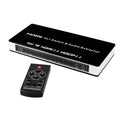 Black HDMI switch unit with four input ports, one output port, remote control, and power adapter.